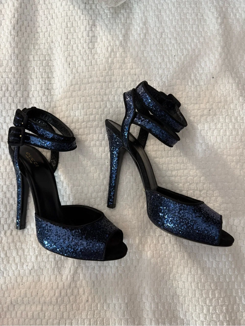 Gucci Blue Glitter Open-Toe Ankle-Strap Heels